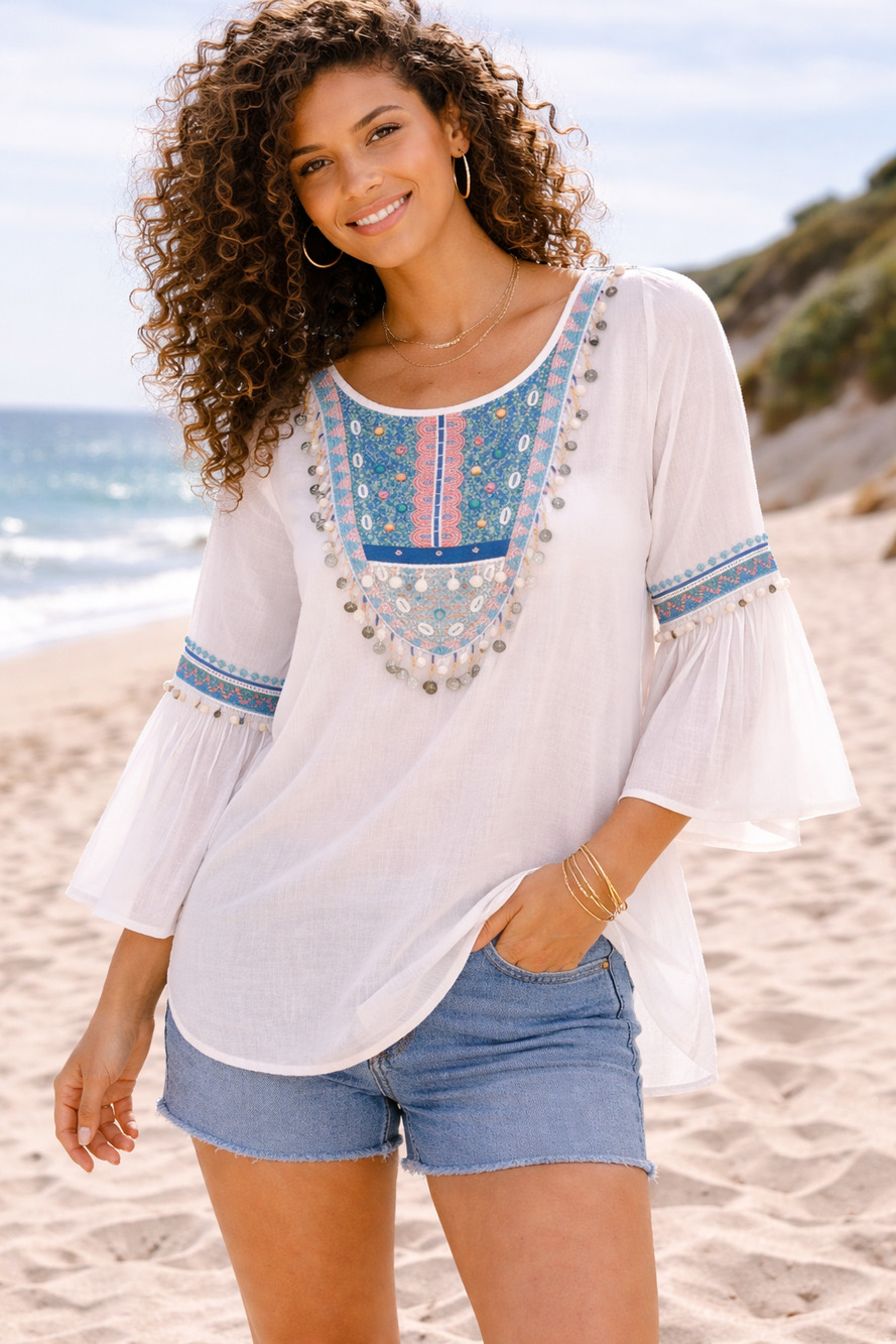 Boho Embroidered Tunic Blue Pink Beaded Silver Coin Detail V-Back Bell Sleeve L